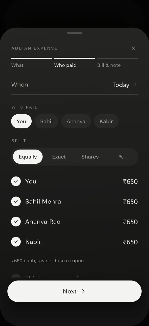 Mull app: split an expense equally between four people